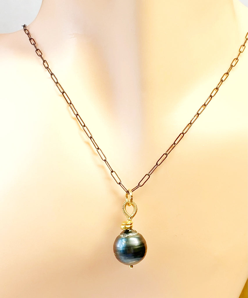 Tahitian Pearl Pendant, Paper Clip Chain, Mixed Metals, Pearl Dangles