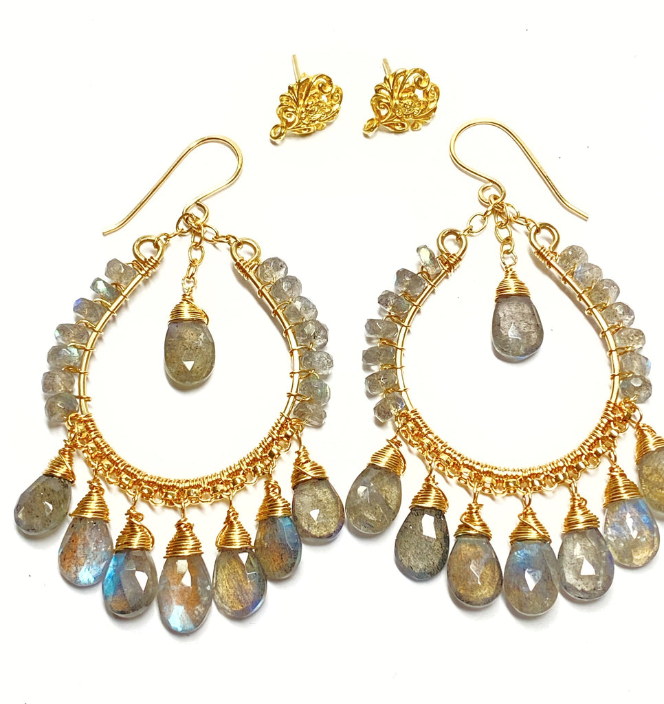 Labradorite Gold Chandelier Hoop Earrings
