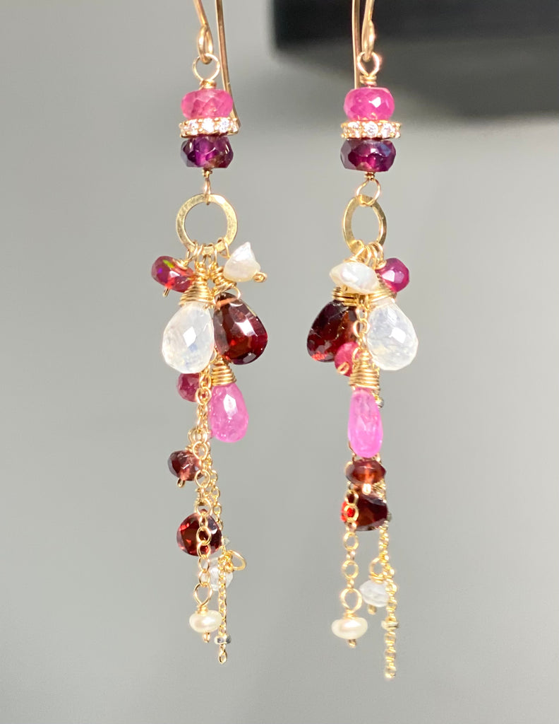Red Gemstone Long Boho Chain Dangle Earrings Garnet Pink Sapphire