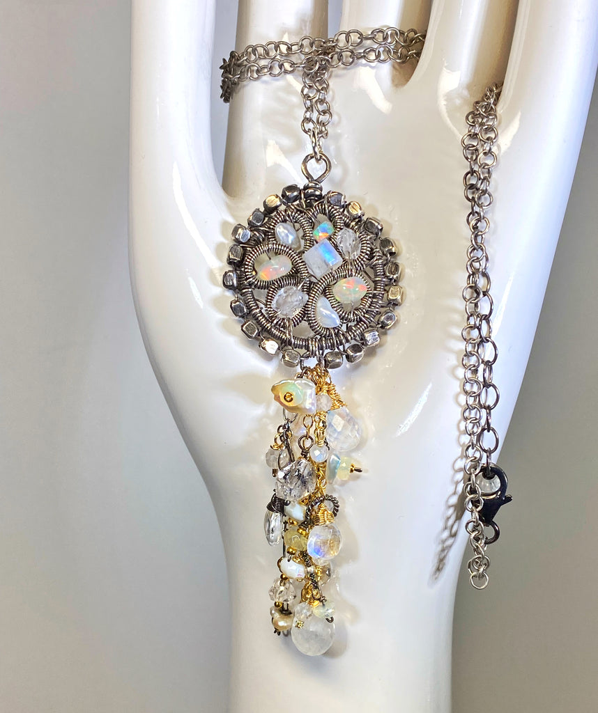 Opal, Moonstone, Crystal Oxidized Silver Coiled Pendant Necklace