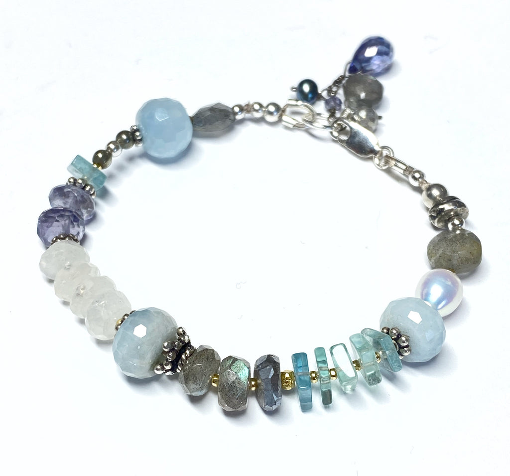 Blue Gray Gemstone Silk Knotted Bracelet Sterling Silver 2