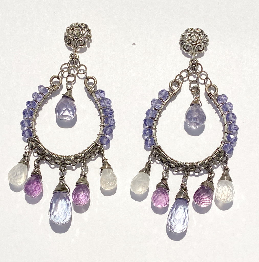 Moonstone, Amethyst, Blue Violet Hoop Earrings Oxidized Silver