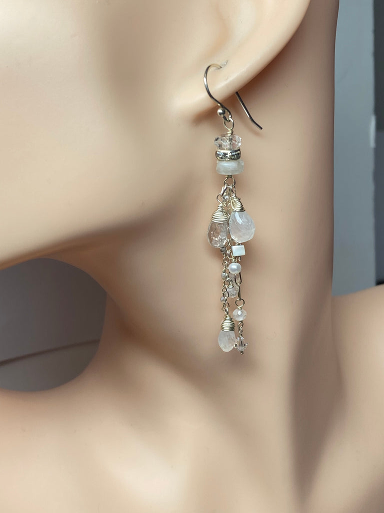 Rainbow Moonstone Long Boho Summer Earrings with Gem Zircon and Sterling Silver