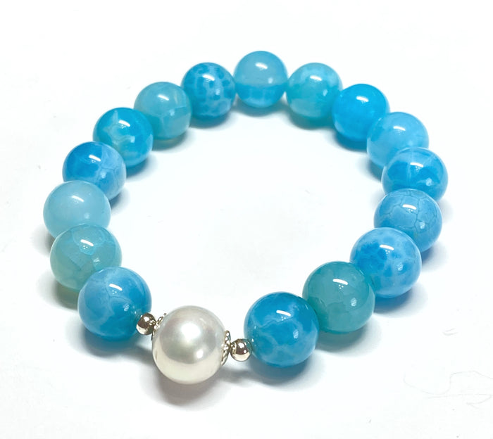 Blue Beaded Stretch Stacking Bracelet with Pearl, Blue Chalcedony