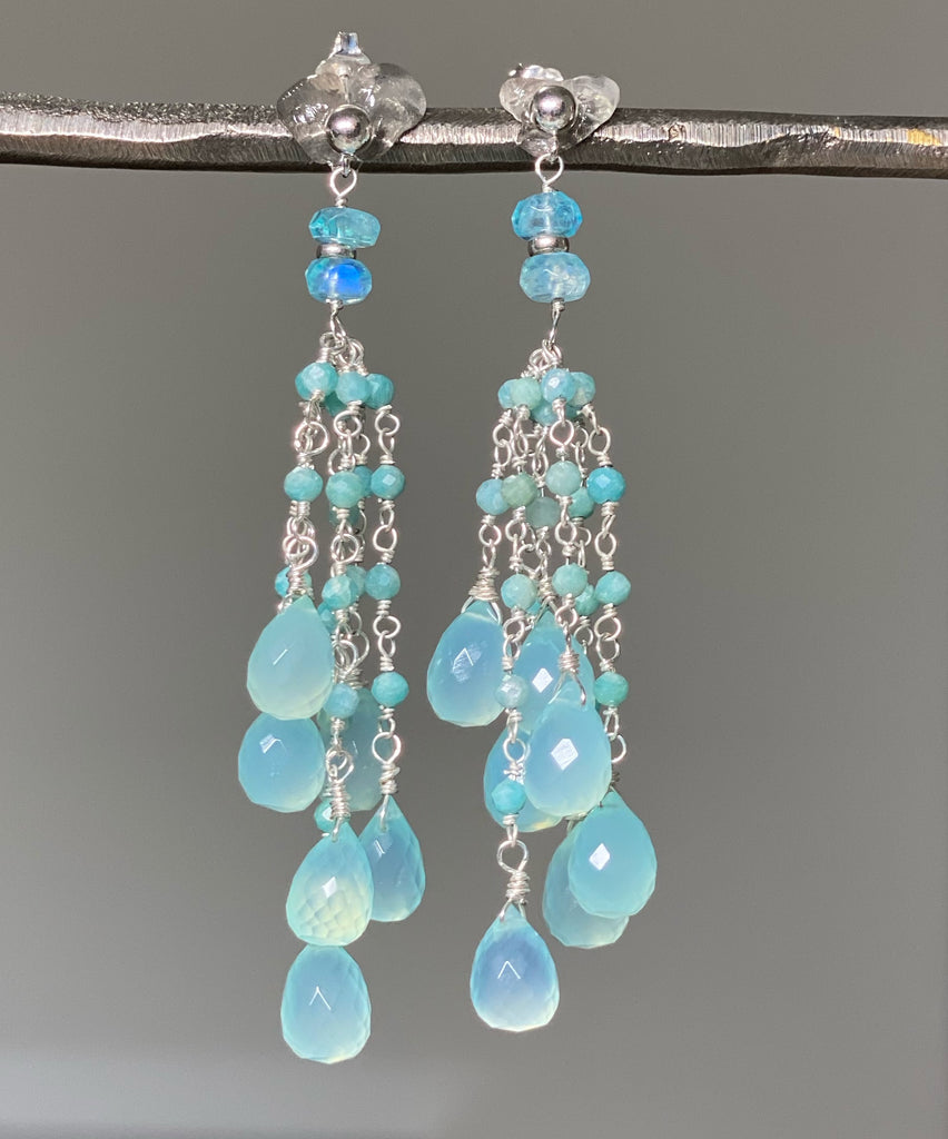 Aqua Chalcedony Amazonite Tassel Earrings