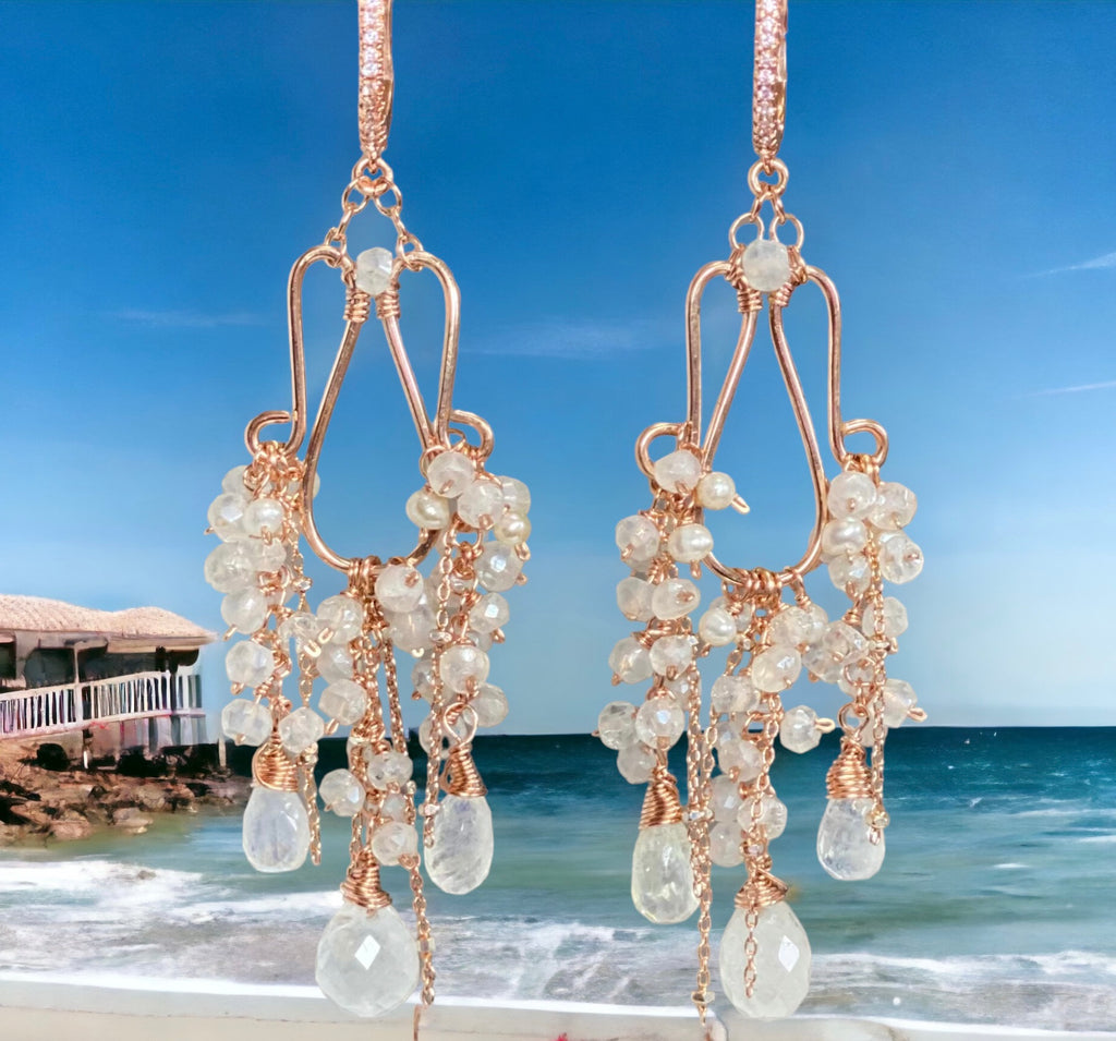 Rainbow Moonstone Statement Rose Gold Chandelier Earrings Boho Bridal Wedding