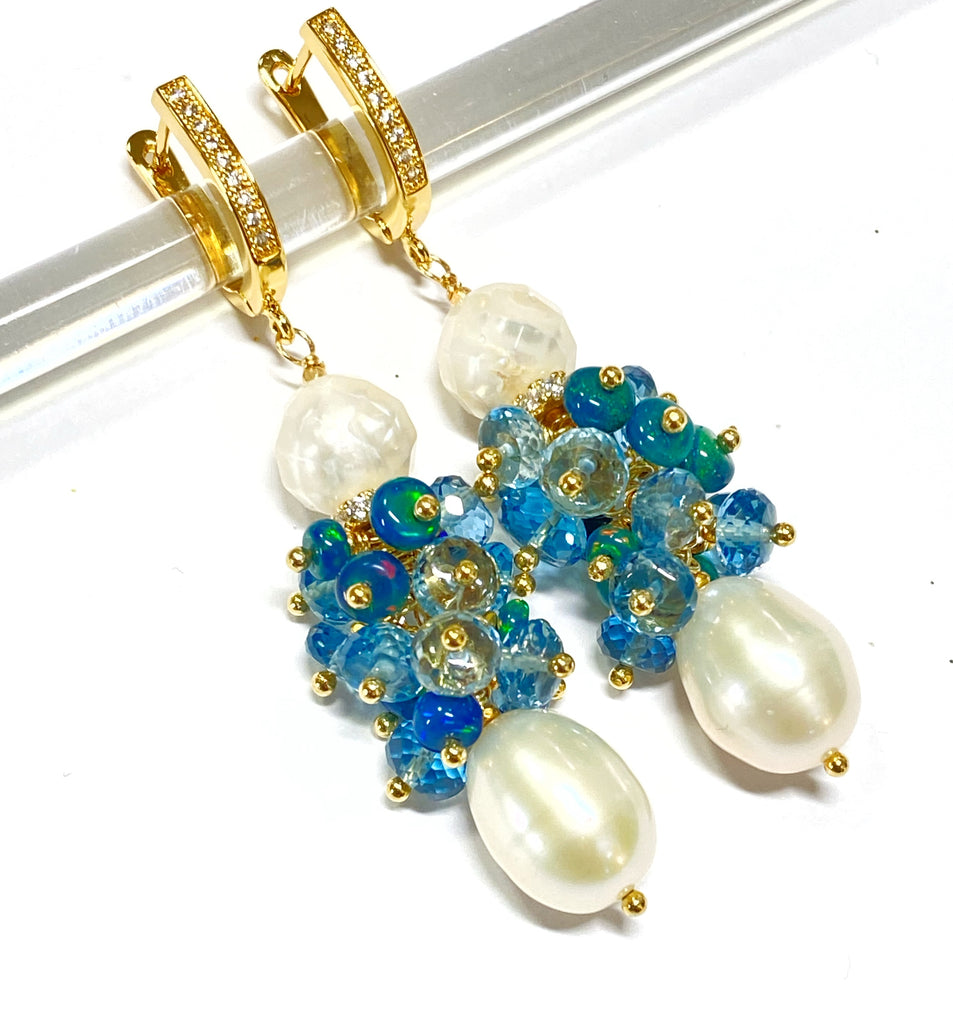 Pearl and London Blue Topaz and Opal Cluster Earrings - doolittlejewelry