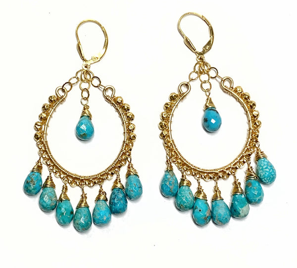 Turquoise Gold Hoop Chandelier Earrings Gold Fill Lever Back