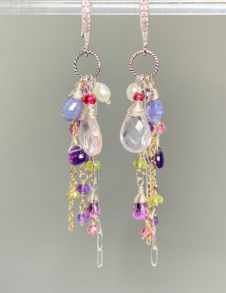 Rose Quartz Multi Gem Dangle Earrings Tanzanite, Violet, Sterling
