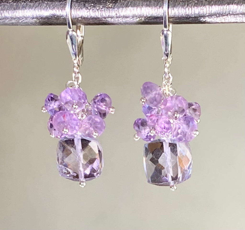 Pink Amethyst Cube Gemstone Cluster Earrings Sterling Silver