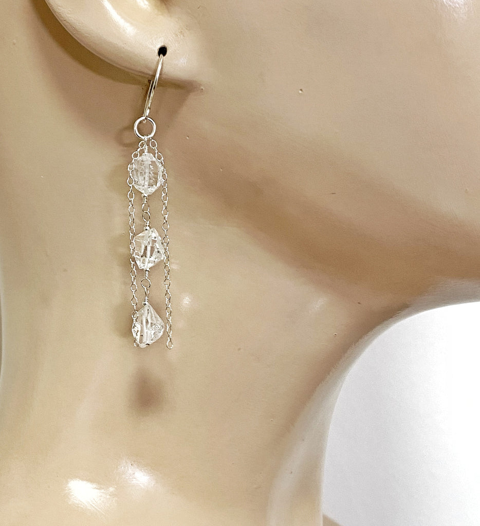 Herkimer Diamond Crystal Long Sterling Silver Dangle Earrings