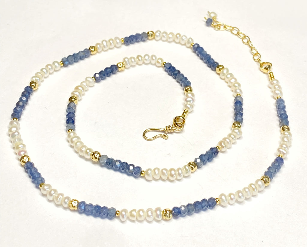 Blue Sapphire and Pearl Dainty Necklace