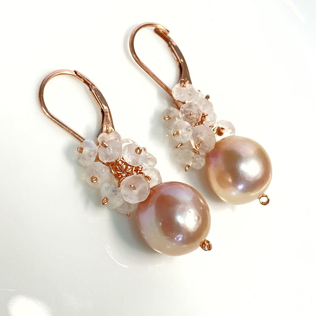 Pink Blush Pearl and Moonstone Cluster Earrings Rose Gold