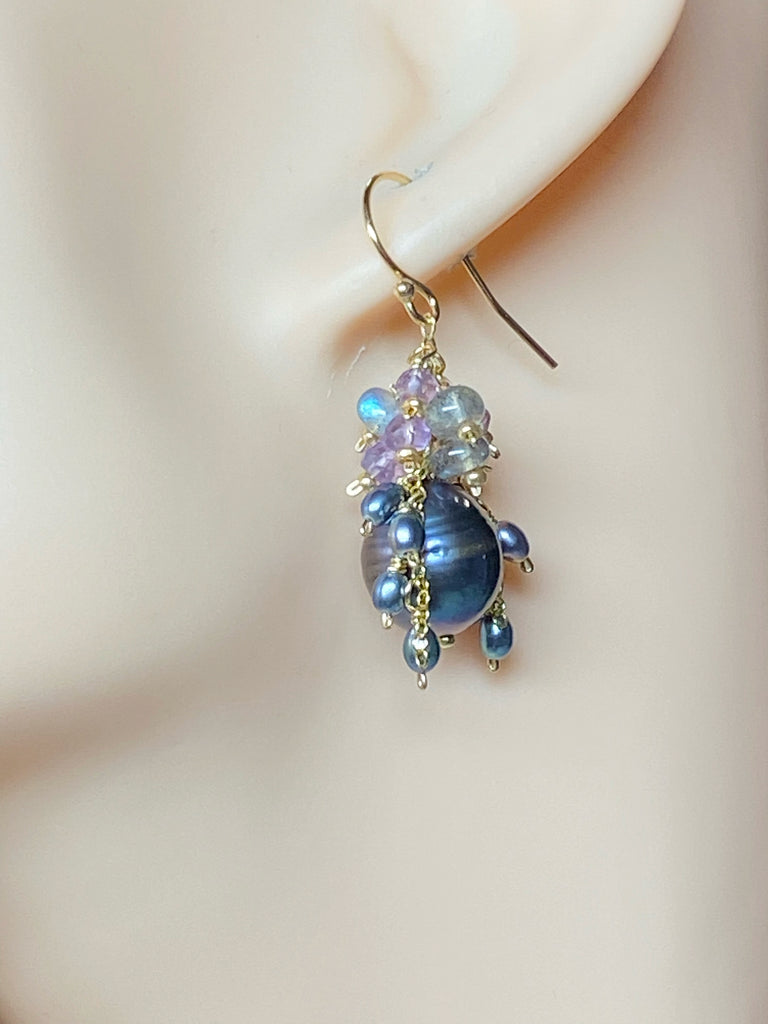 Peacock Pearl, Amethyst, Labradorite, Cluster Waterfall Earrings