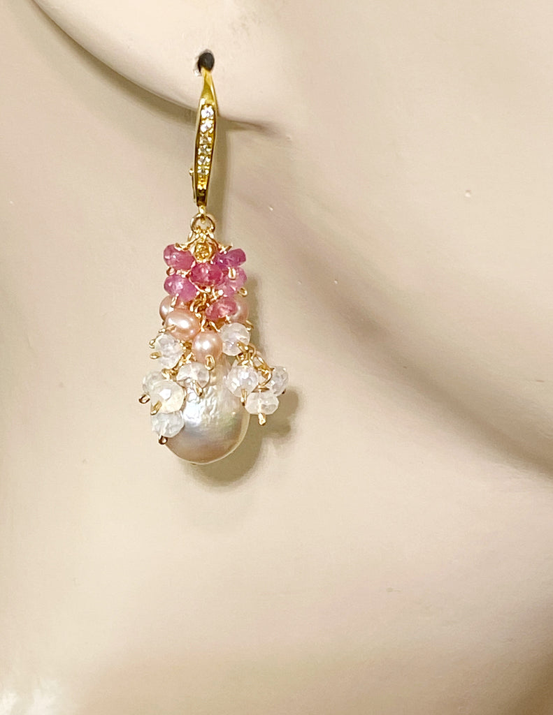 Blush Baroque Pearl Earring Pink Sapphire Gem Cascade Wedding Earrings
