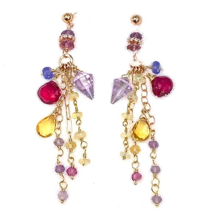 Multi-color Gemstone Long Chain Dangle Earrings Red Topaz Pink Amethyst Citrine Opal Rose Gold - doolittlejewelry