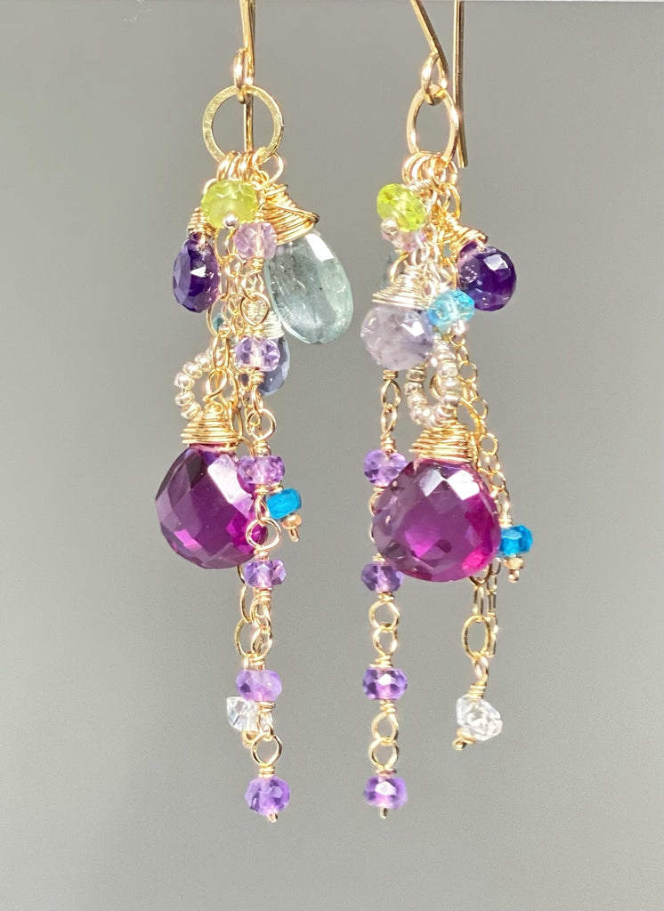 Gemstone Dangle Earrings - Moss Aquamarine, Amethyst, Violet Quartz