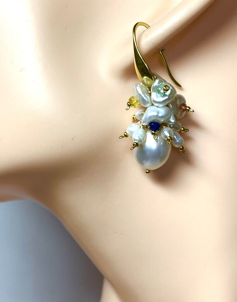 Pearl Cluster Earrings with Multicolor Sapphire Gemstone Keishi Pearls Gold Fill