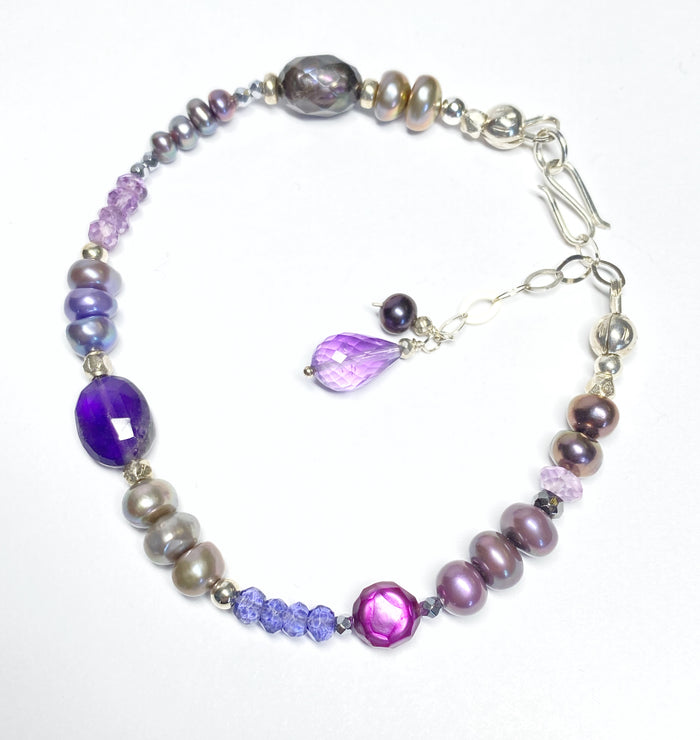 Amethyst Gem and Pearl Bracelet Sterling Silver