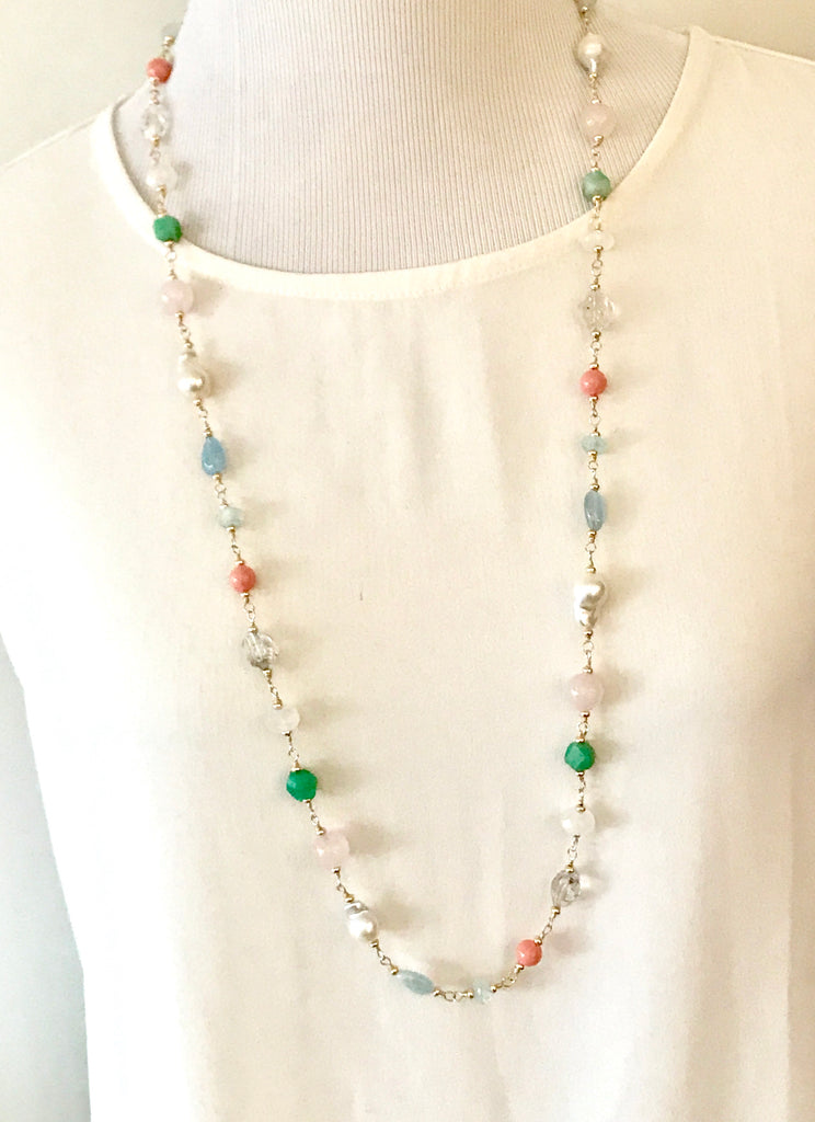 Multi Gemstone Pastel Long Necklace with Herkimer Diamond Aquamarine Gold - doolittlejewelry