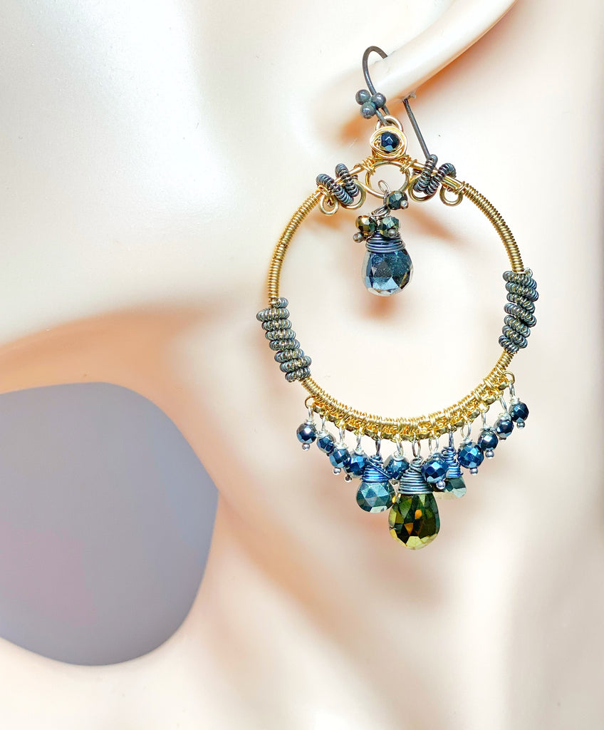 Gold Hoop Earrings with Pyrite Mixed Metals Coiled Silver