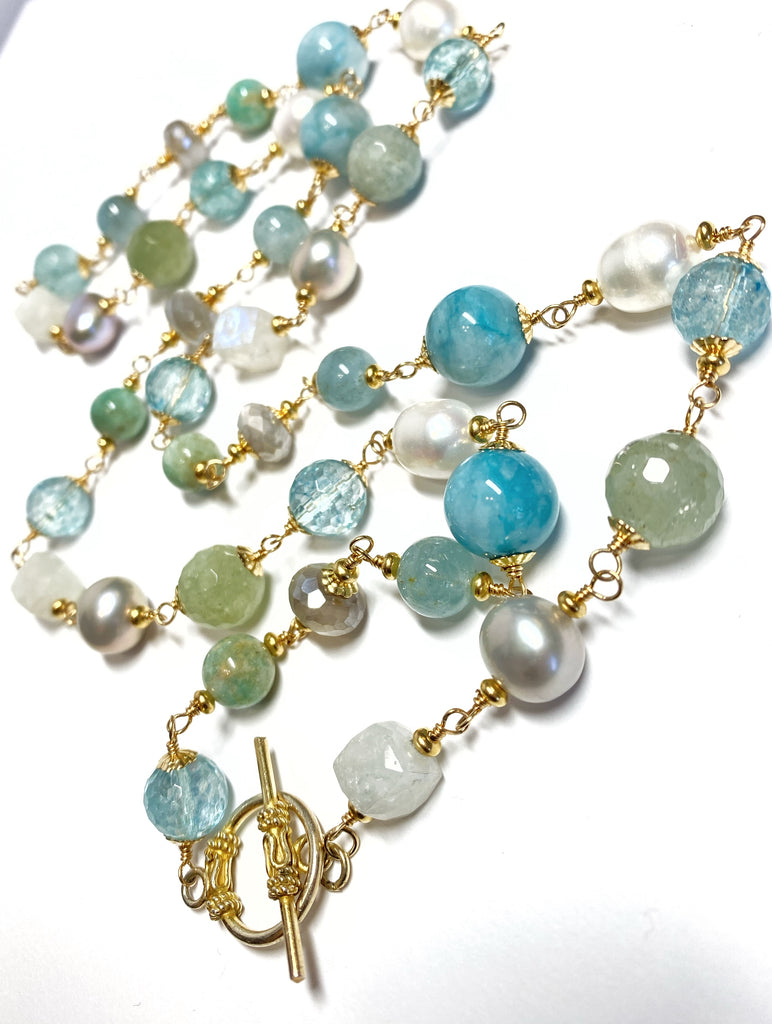 Aquamarine Pearl Long Wire Wrap Necklace Gold Moonstone