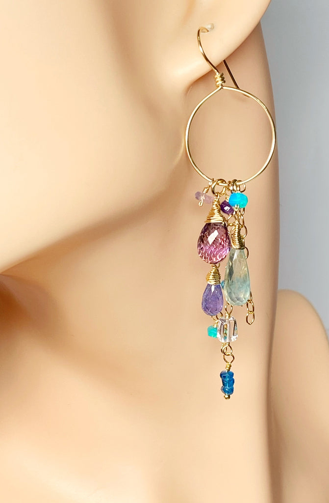 Amethyst Aquamarine Tanzanite Gold Dangle Gold Fill Hoop Earrings