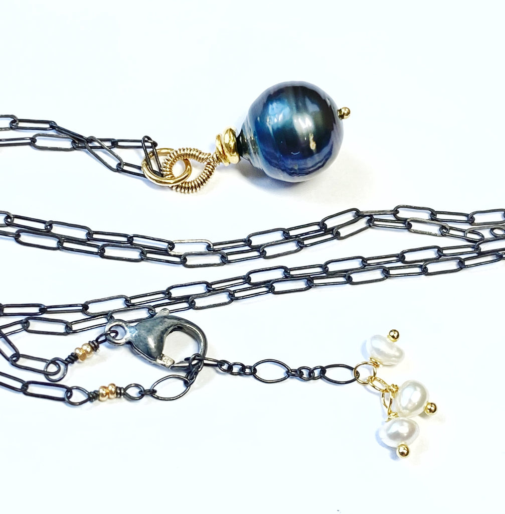Tahitian Pearl Pendant, Paper Clip Chain, Mixed Metals, Pearl Dangles