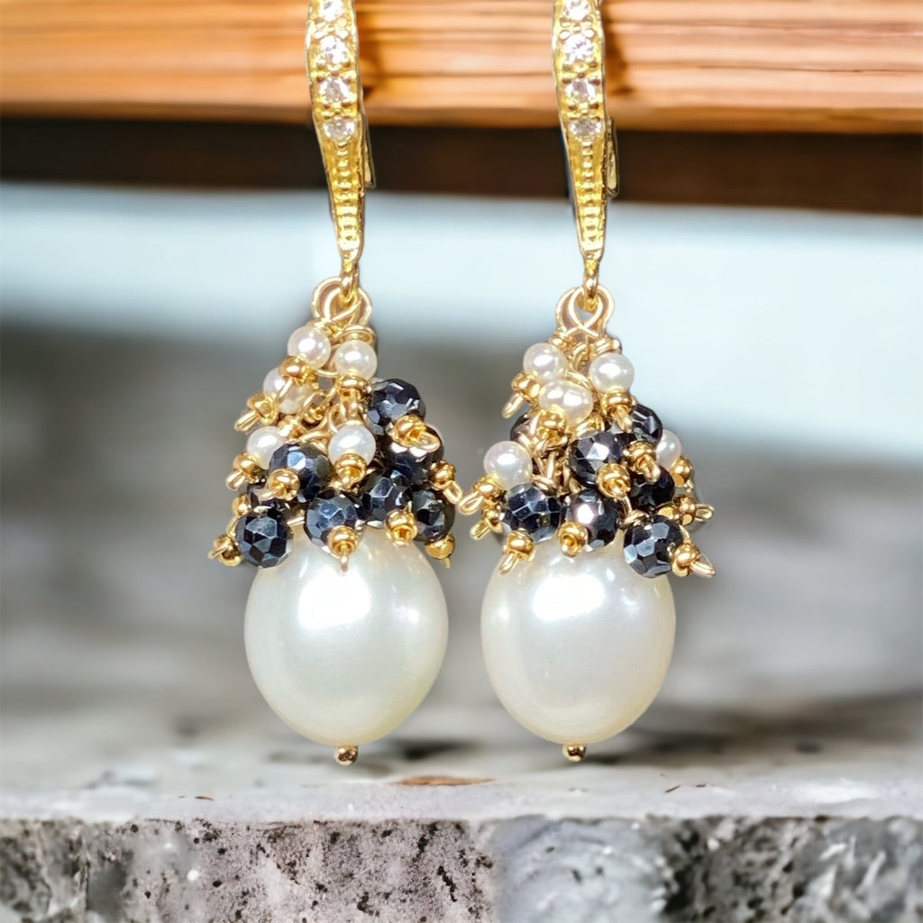 White Pearl Black Spinel Cluster Earrings Gold