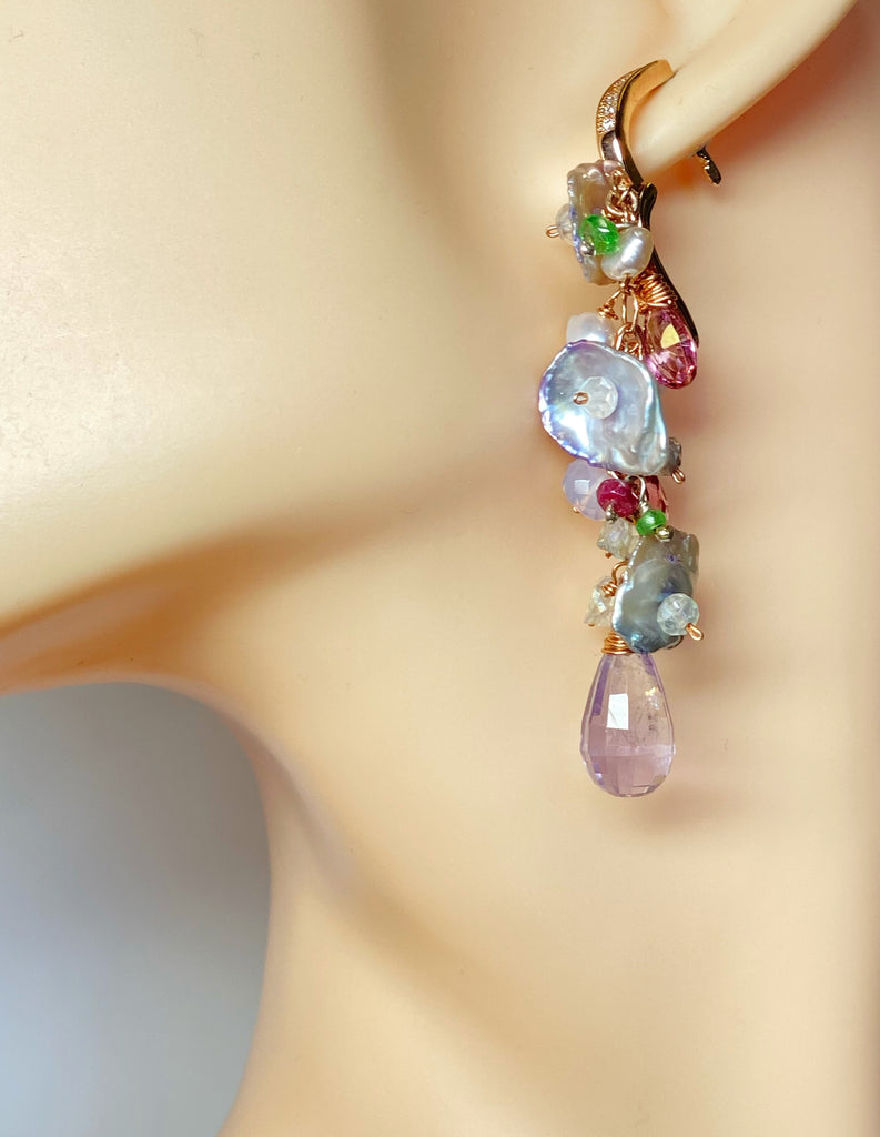 Lavender Amethyst Keishi Pearl Rose Gold Long Dangle Earrings