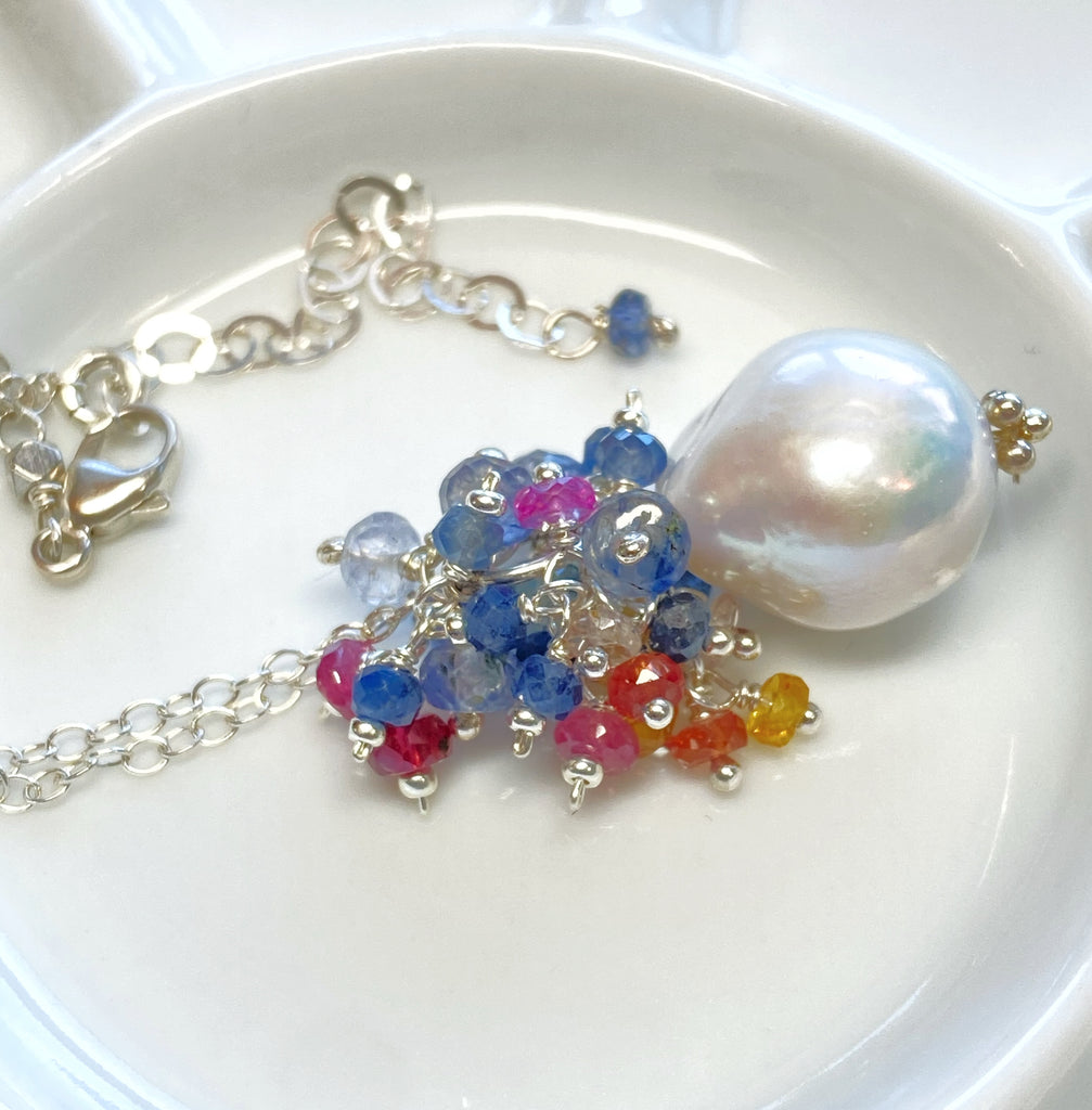 Sapphire and Opal Cascade Cluster Pearl Pendant, Sterling Silver