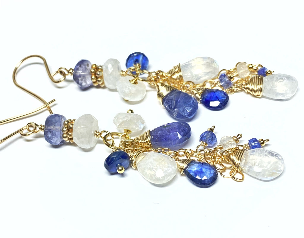 Rainbow Moonstone Tanzanite Kyanite Blue & White Boho Dangle Earrings