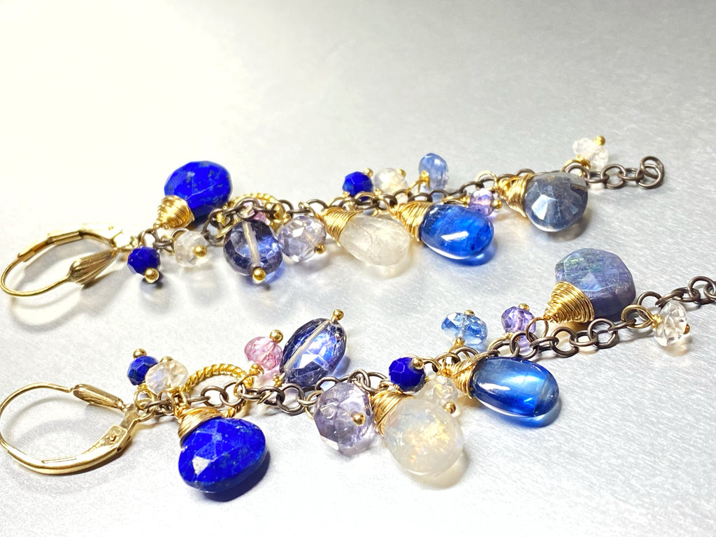 Blue Dangle Earrings Lapis Kyanite Mixed Metals