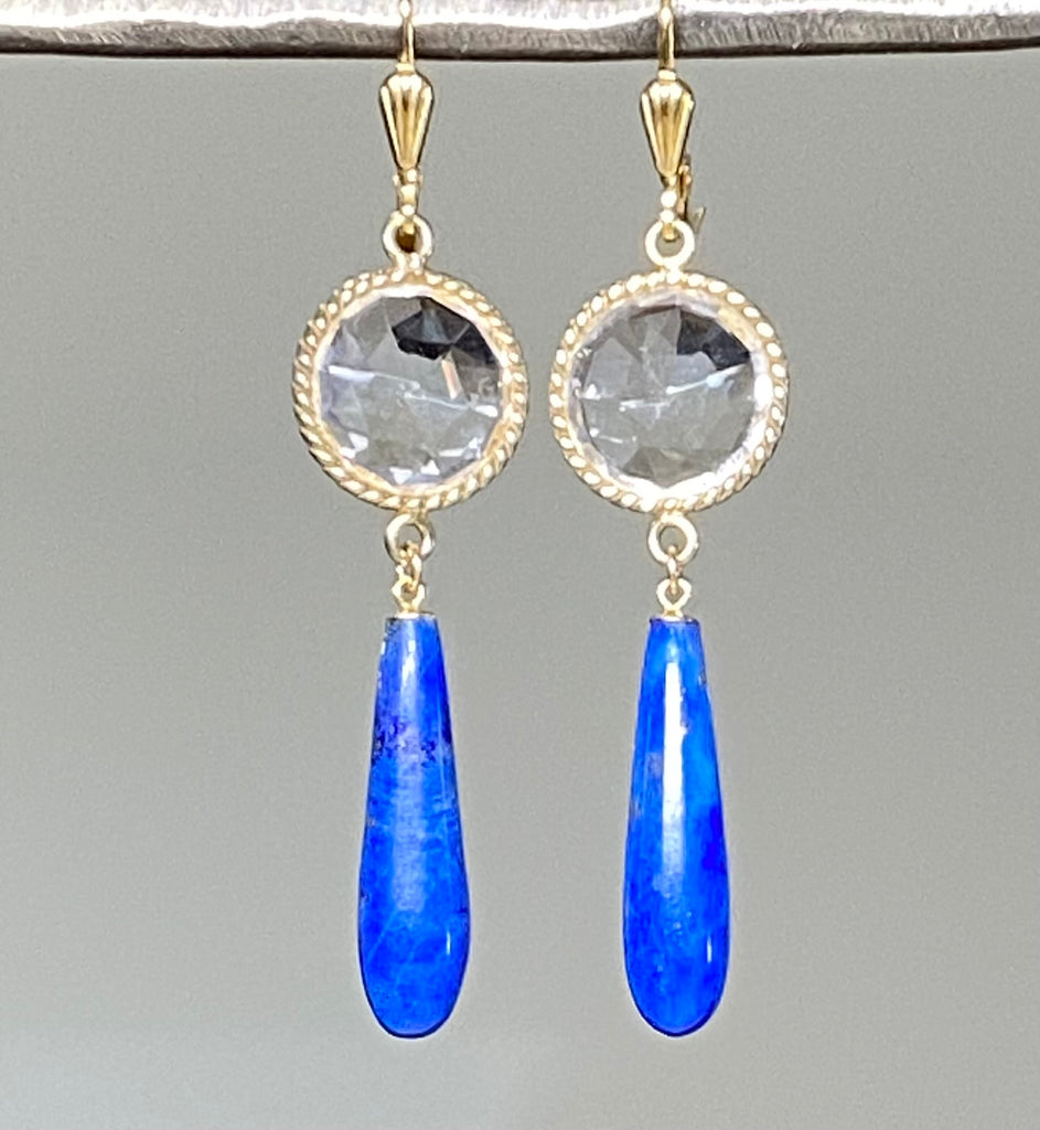Blue Lapis Long Dangle Earrings with Crystal Quartz