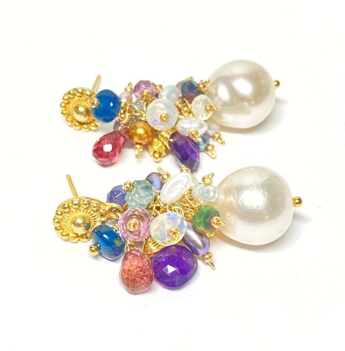 Gemstone Cluster Pearl Earrings, Amethyst, Opal, Pink Tourmaline, Gold Post