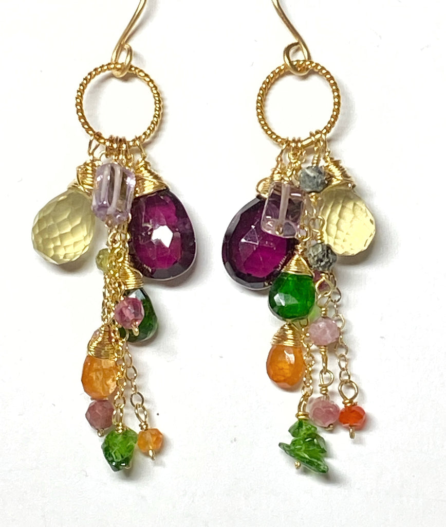 Multicolor Gemstone Gold Dangle Earrings Rhodolite Garnet, Lemon Quartz