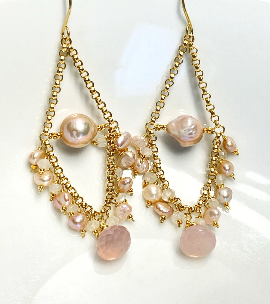 Pink Pearl Chandelier Earrings with Moonstone