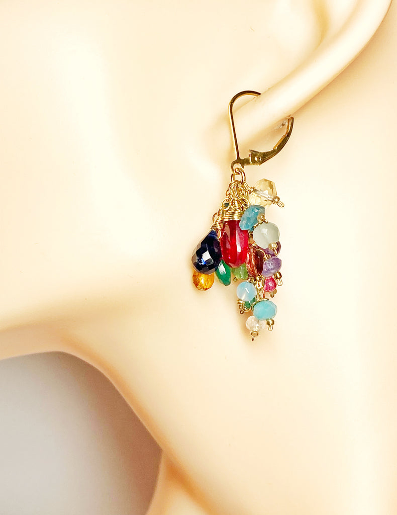 Rainbow Gemstone Cluster Dangle Earrings with Pink Red Topaz Gold Fill
