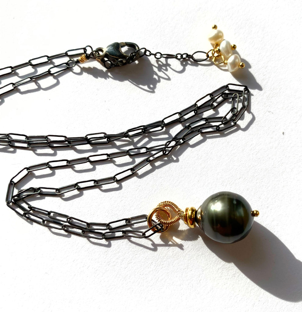 Tahitian Pearl Pendant, Paper Clip Chain, Mixed Metals, Pearl Dangles