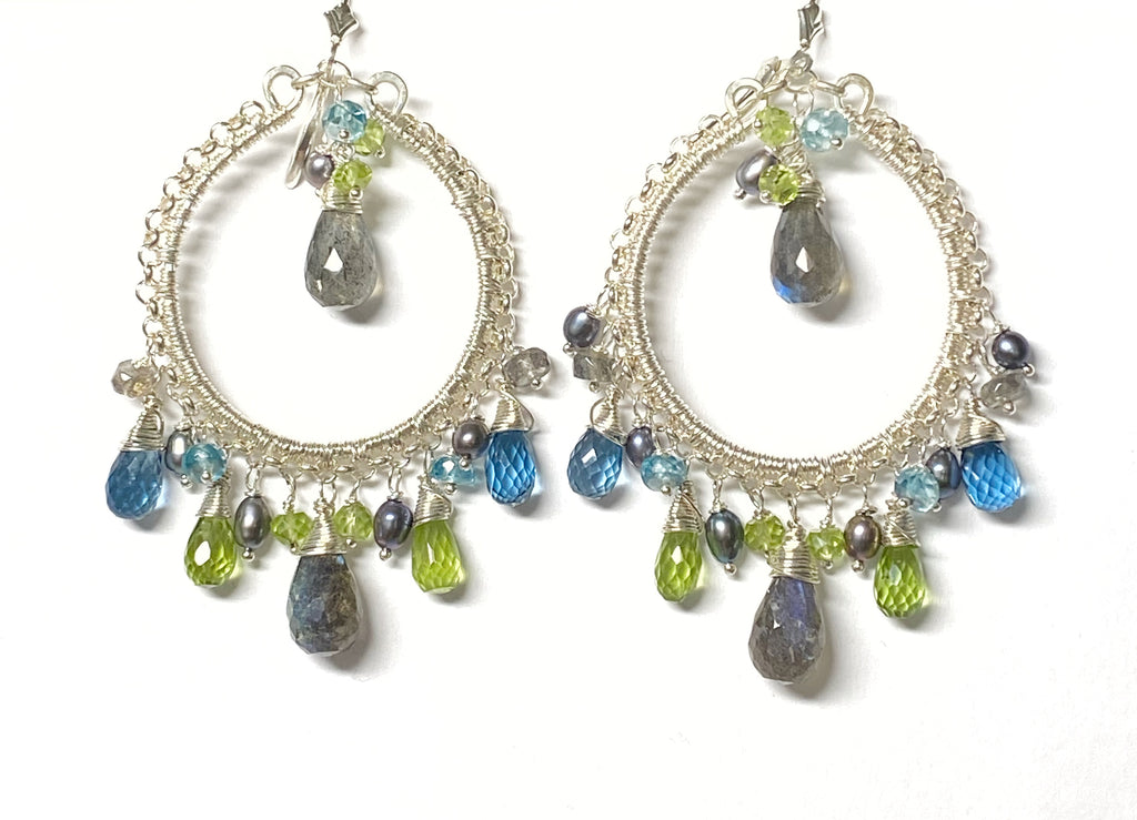 London Blue Topaz Labradorite Gemstone Hoop Earring Sterling Silver