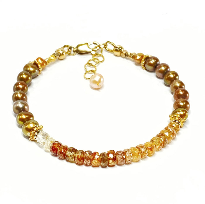 Natural Zircon Gemstone Golden Pearl Dainty Bracelet Gold Fill