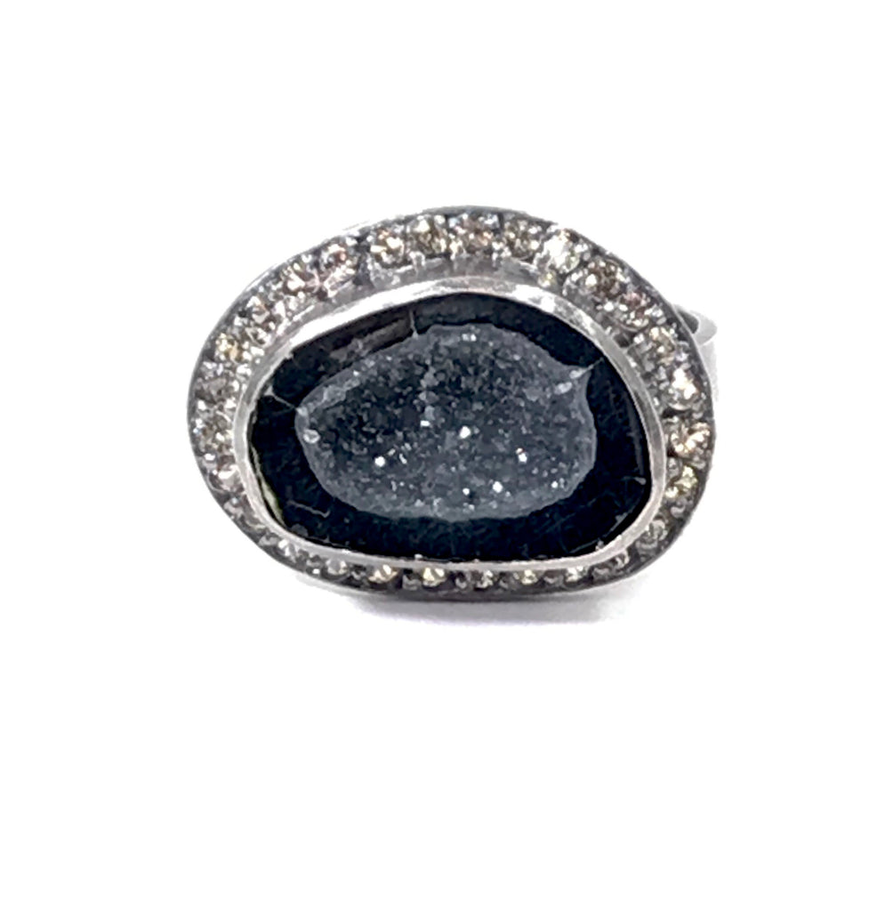 Black Geode and Pave Sapphire Ring in Oxidized Sterling Silver - doolittlejewelry