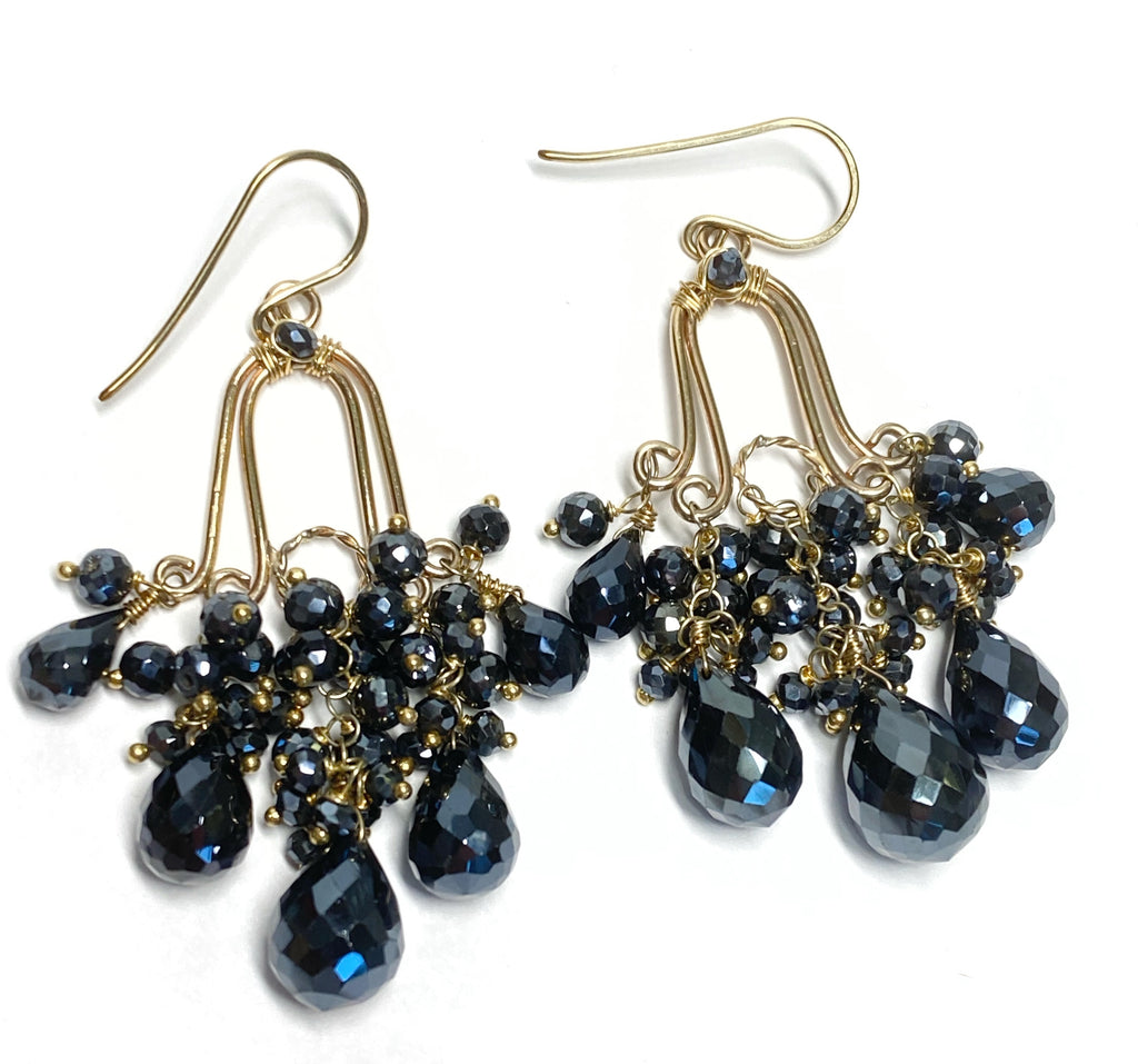 Gemstone Black Spinel Gold Fill Handmade Chandelier Earrings