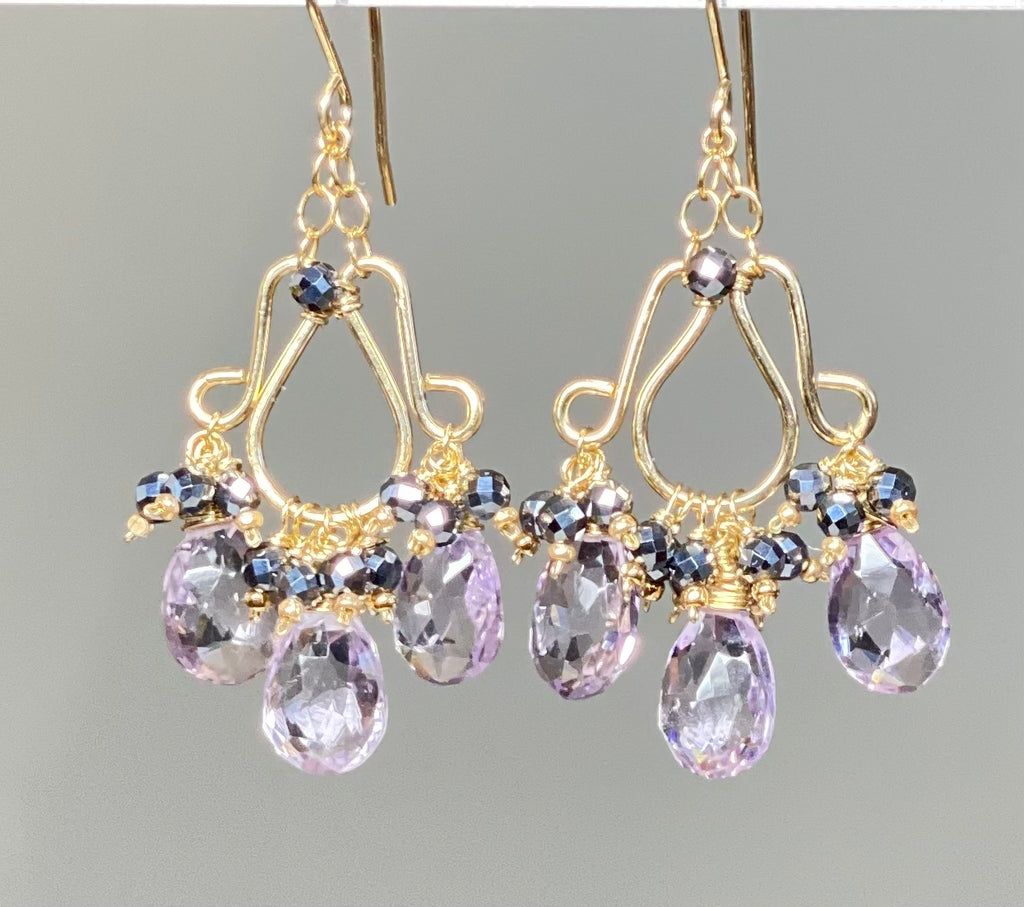 Pink Amethyst Chandelier Earrings Gold Fill with Black Clusters