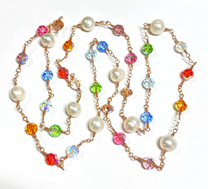 Rose Gold Pearl Swarovski Crystal Long Sautoir Necklace Rosary Style