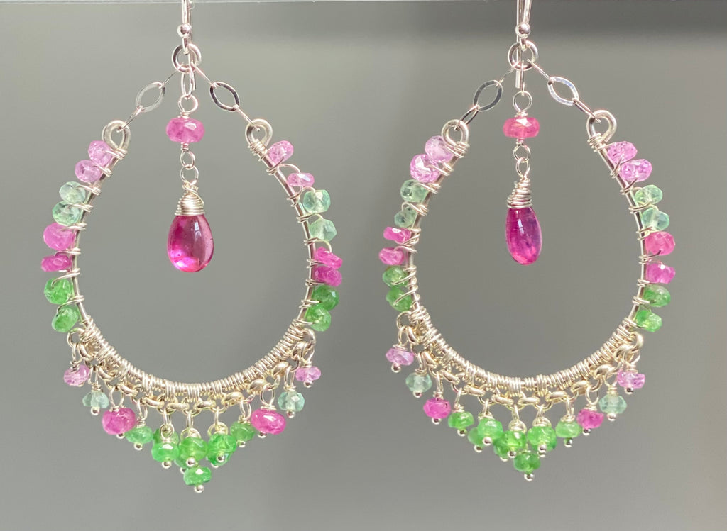 Sterling Silver Pink Sapphire Tsavorite Hoop Earrings