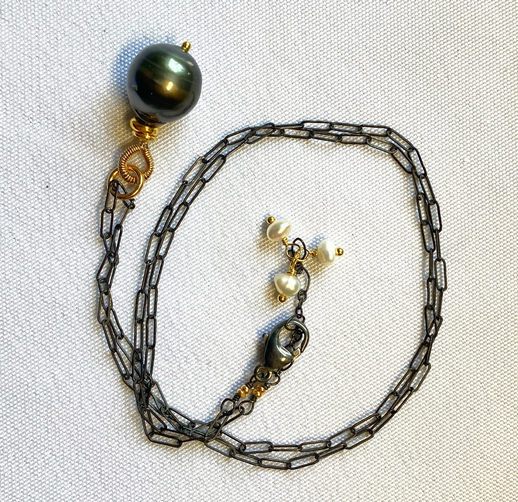 Tahitian Pearl Pendant, Paper Clip Chain, Mixed Metals, Pearl Dangles