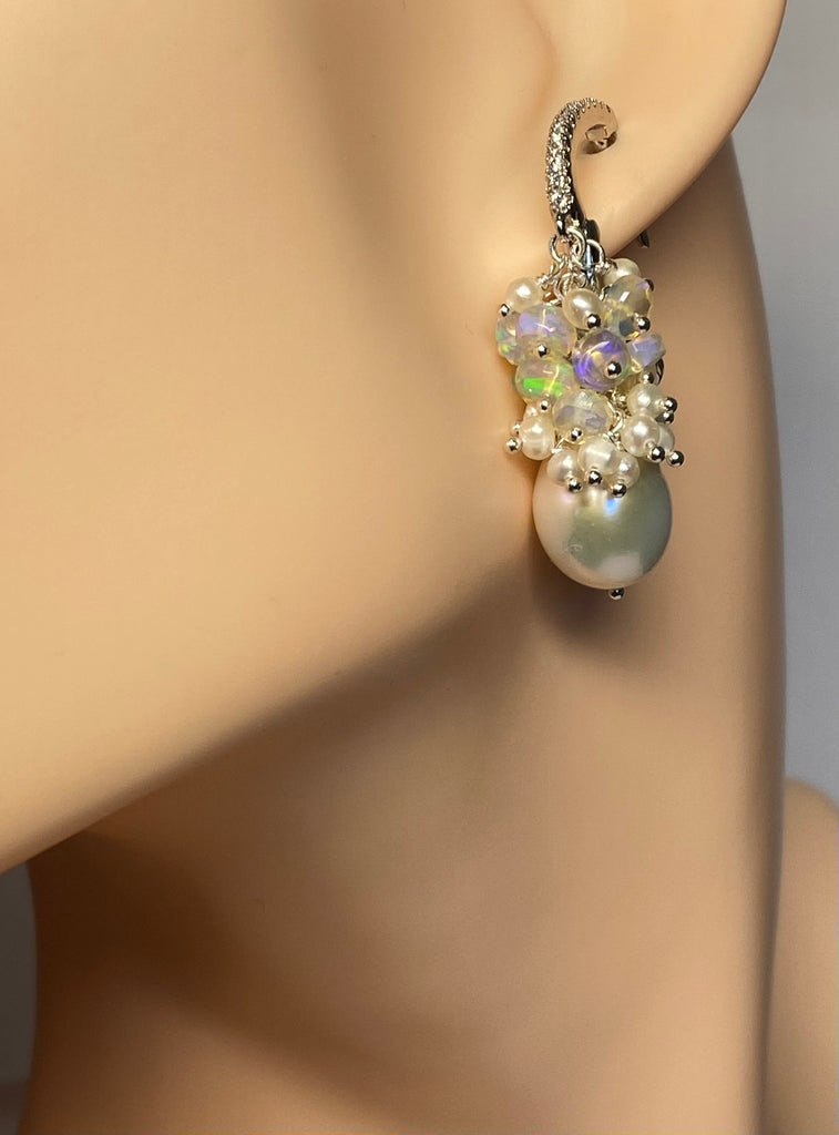 Pearl and Opal Cluster Earrings Sterling Silver