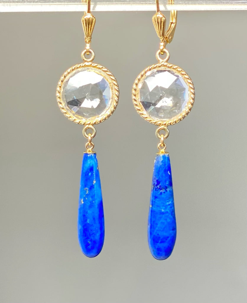 Blue Lapis Long Dangle Earrings with Crystal Quartz
