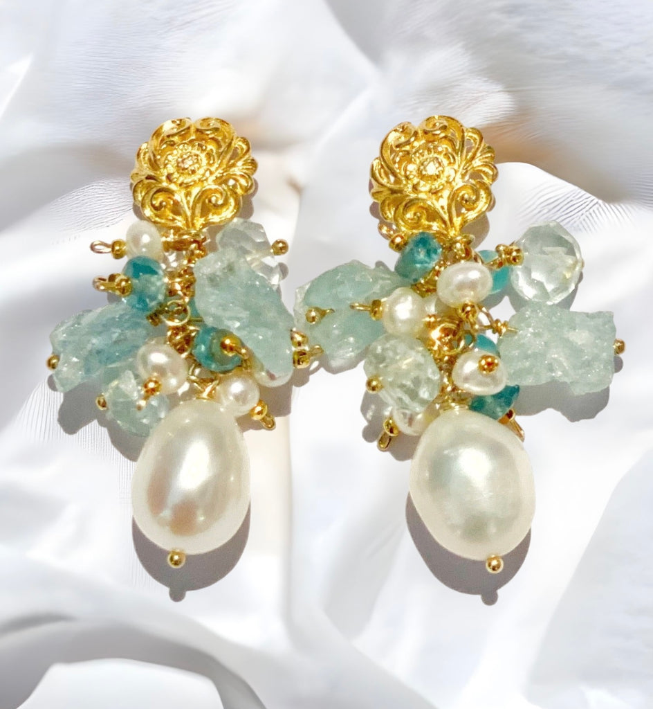 Aquamarine Gemstone Pearl Cluster Earrings Gold Post